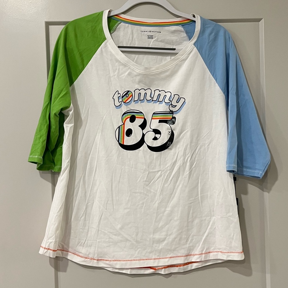 Tommy Hilfiger 85 Rainbow Graphic Tee Mismatched 3/4 Sleeves